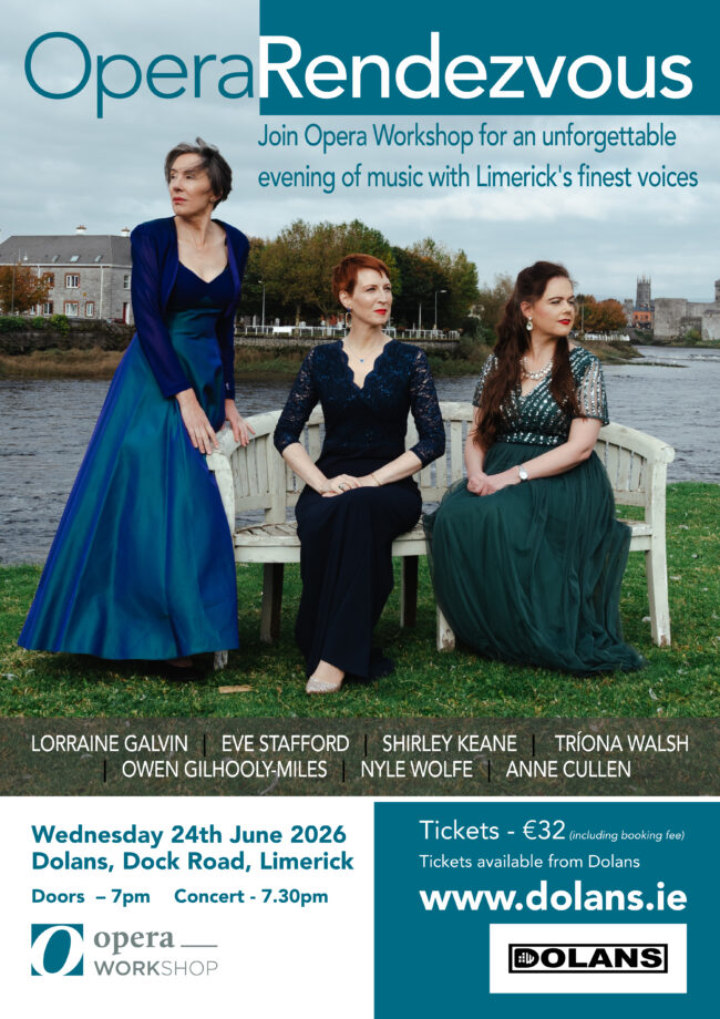 Three singers in ballgowns by the Shannon River, Limerick. Poster advertising 'Opera Rendezvous' concert at Dolan's Warehouse on the 24th June at 8pm